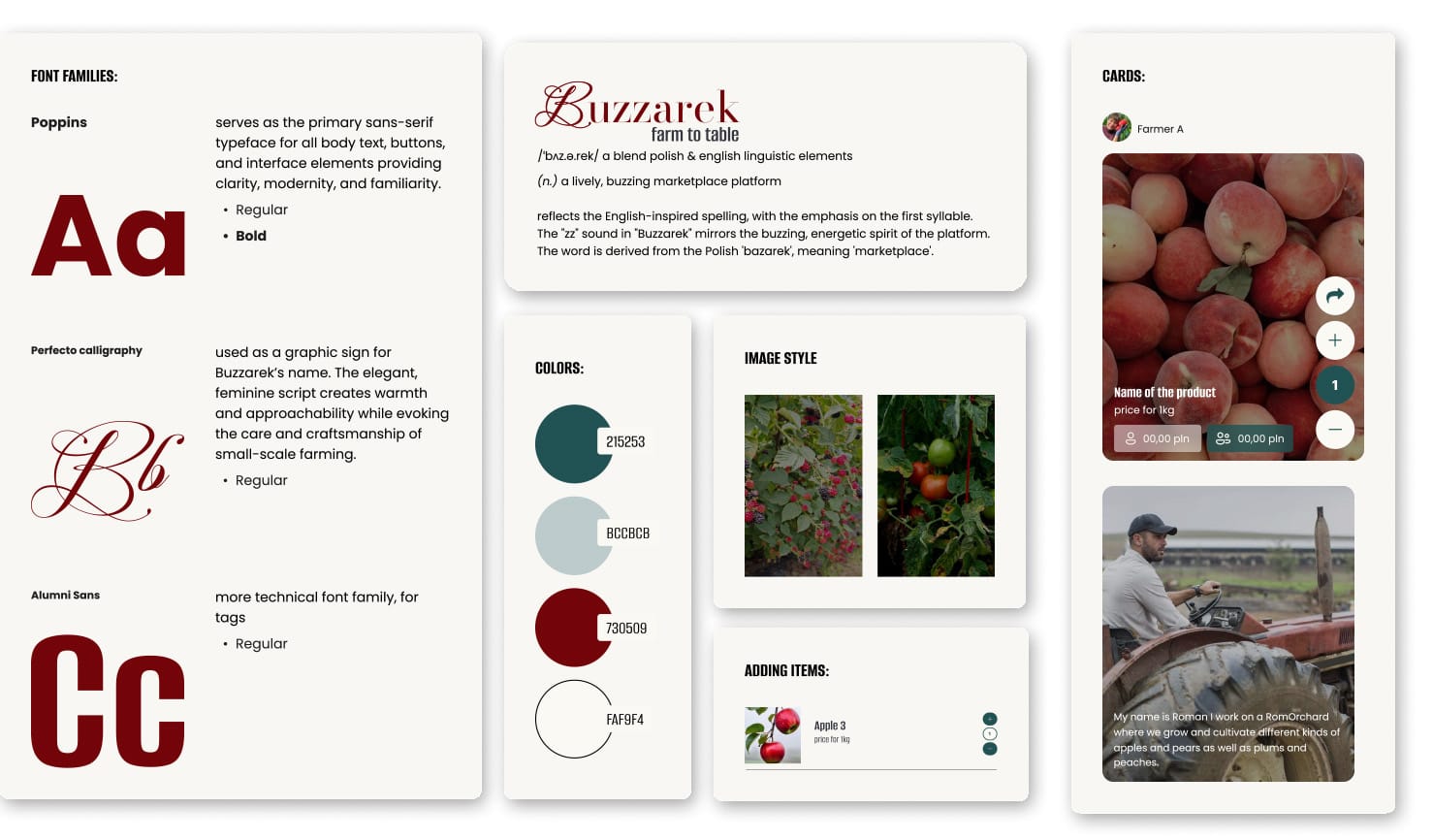 Buzzarek type, logo, colour and product-card identity