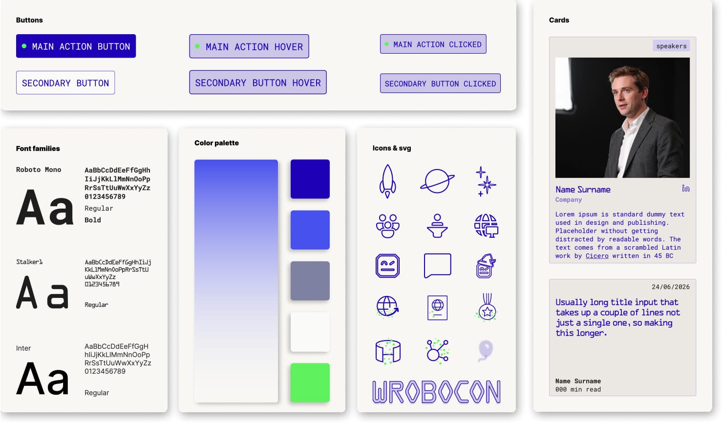 Wrobocon design system: type, colour, buttons, icons and cards