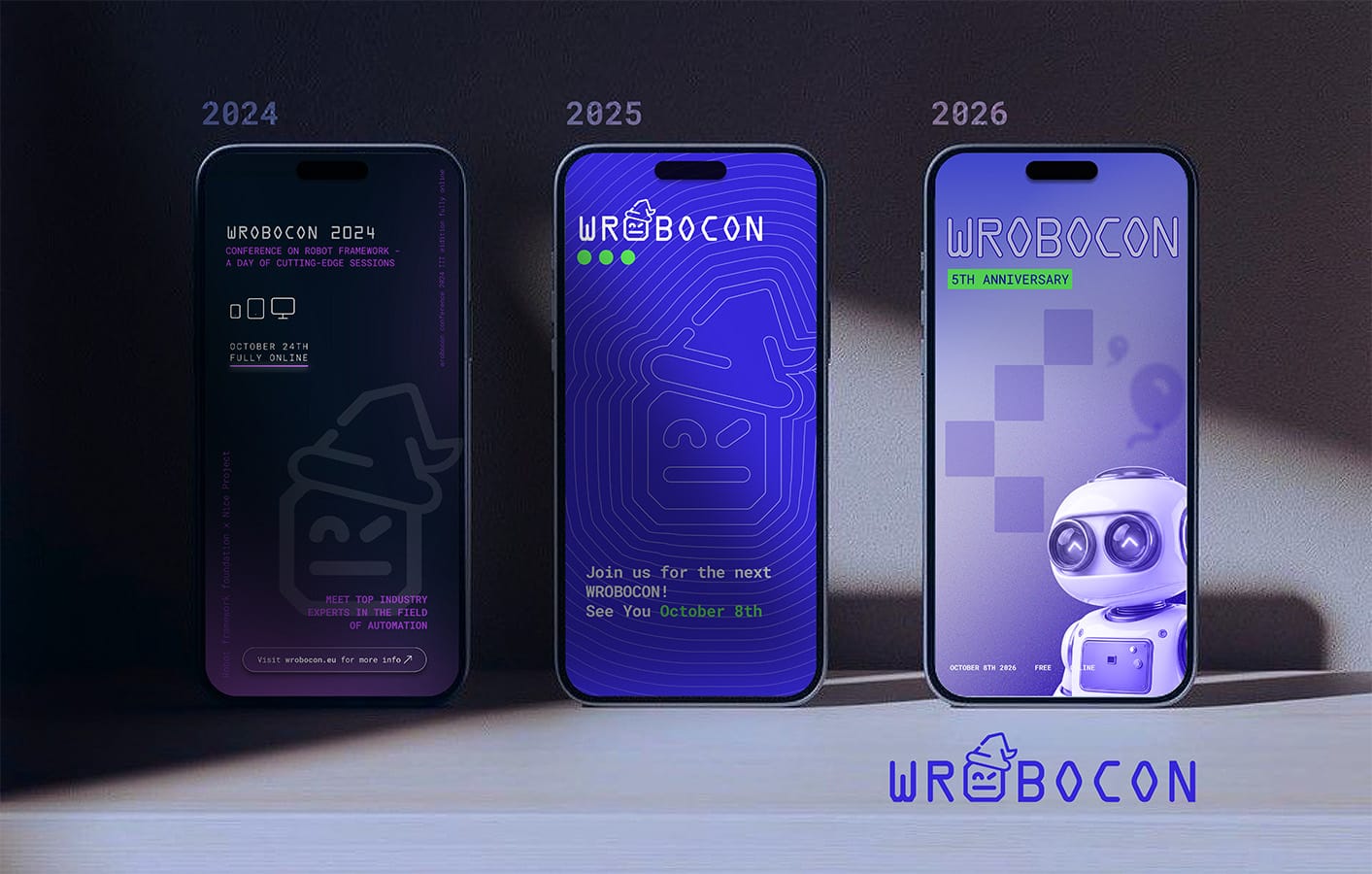 Three phone screens showing Wrobocon identity across 2024, 2025 and 2026