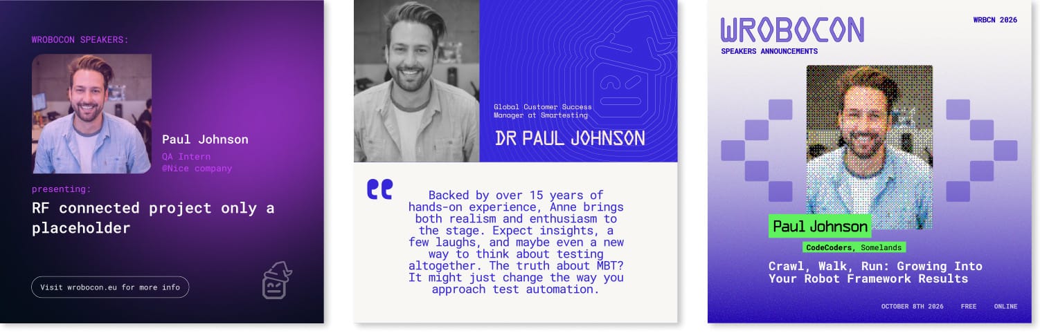Three Wrobocon speaker announcement graphics from 2024 to 2026