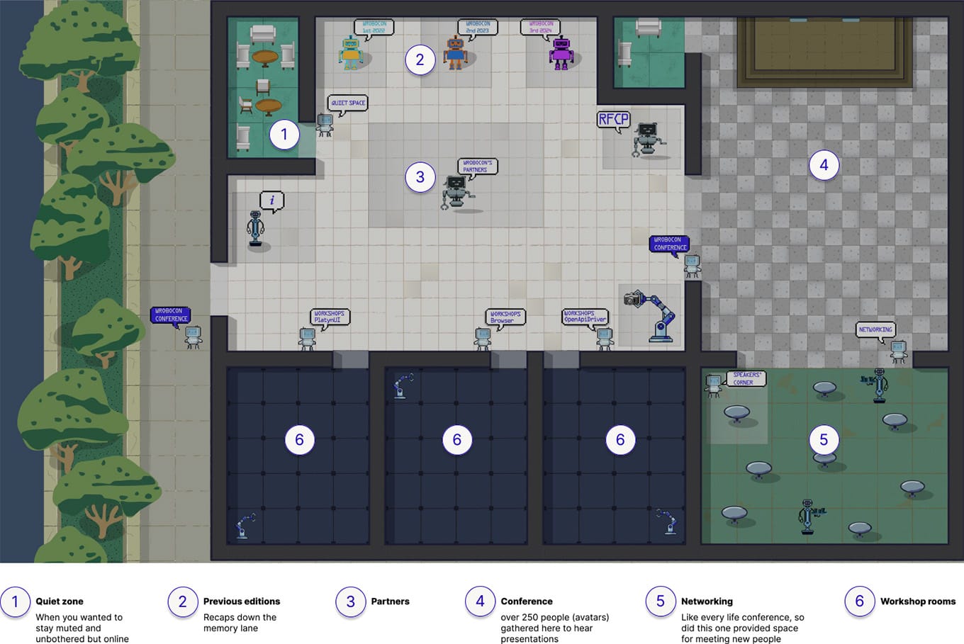 Annotated WorkAdventure map of the 2025 Wrobocon virtual venue