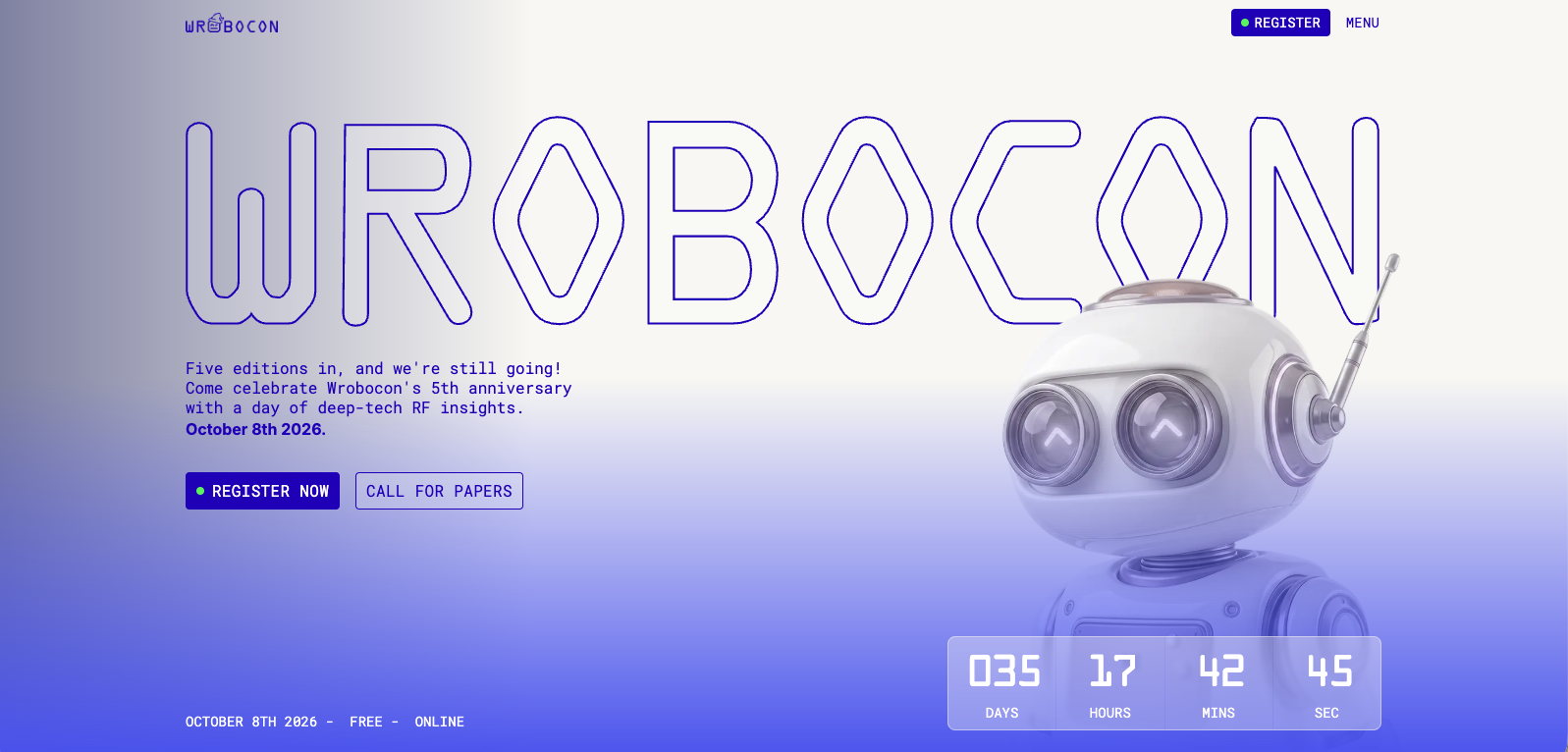 Wrobocon 2026 website hero with outlined wordmark, robot and countdown